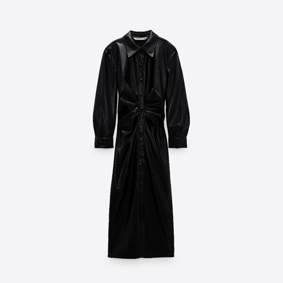 NWOT Zara black faux leather gathered waist button-up collared shirt dress, S - Picture 7 of 12